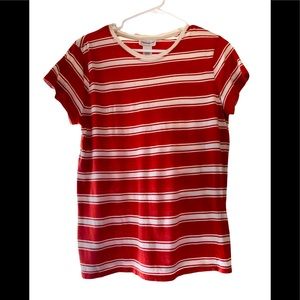 Horizontal orange and white pin stripped crew tee